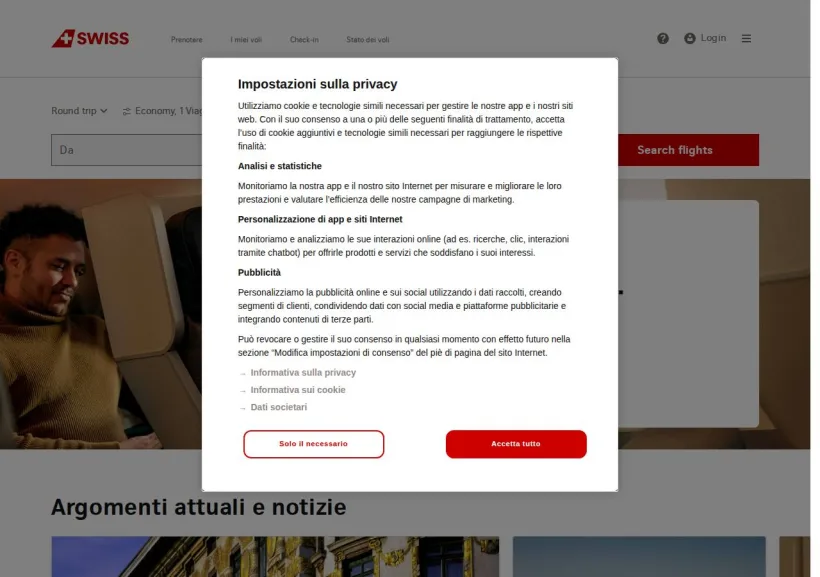 Schermata della pagina offerta di Swiss Air