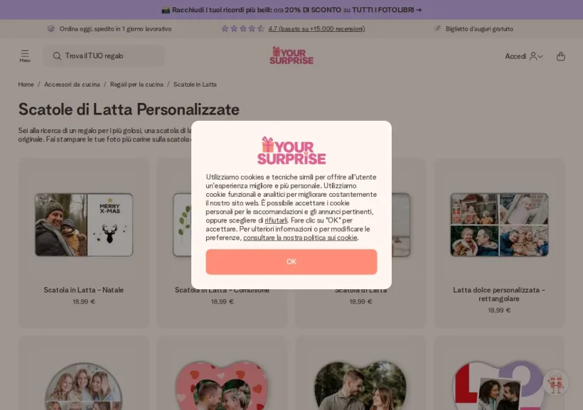 Schermata della pagina offerta di yoursurprise