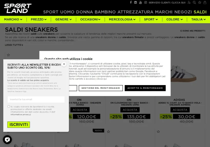 Schermata della pagina offerta di Sportland