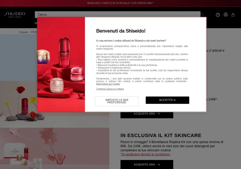 Schermata della pagina offerta di Shiseido
