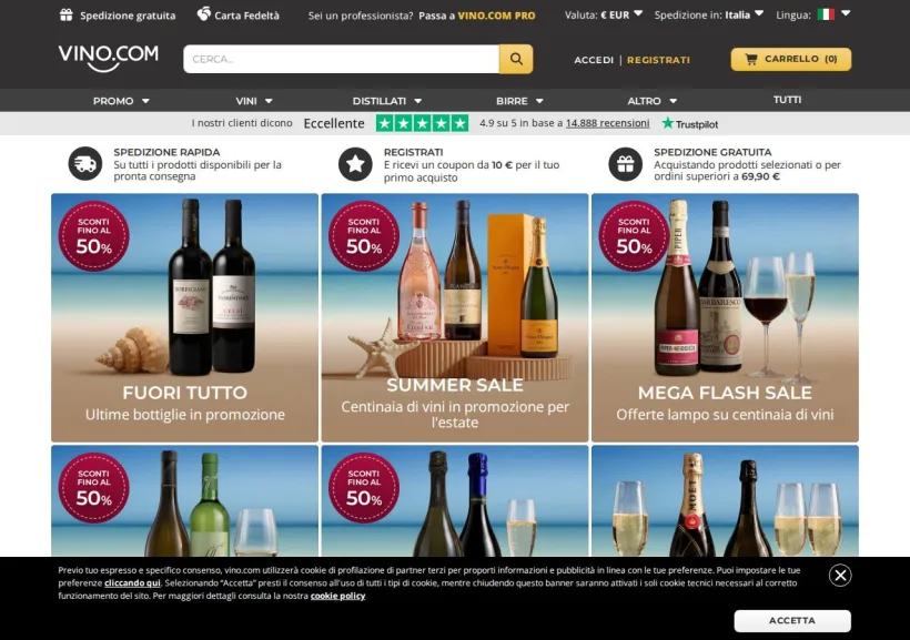 Schermata della pagina offerta di Vino.com