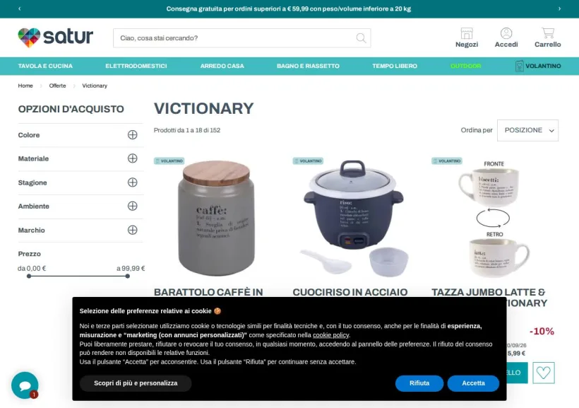Schermata della pagina offerta di Satur
