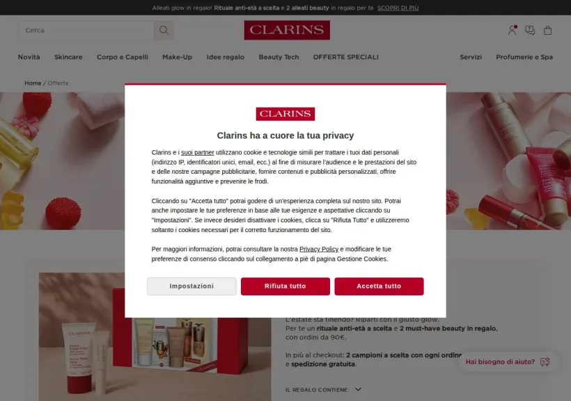 Schermata della pagina offerta di Clarins