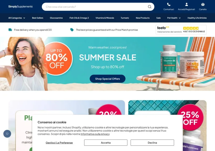Schermata della pagina offerta di Simply Supplements