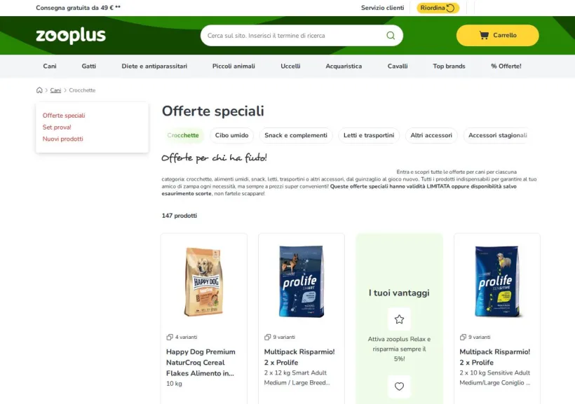 Schermata della pagina offerta di Zooplus