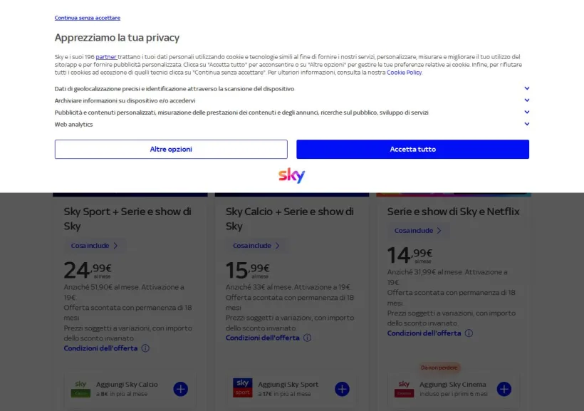 Schermata della pagina offerta di SKY
