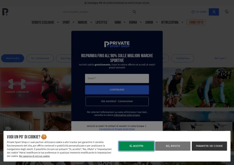 Schermata della pagina offerta di Private Sport Shop