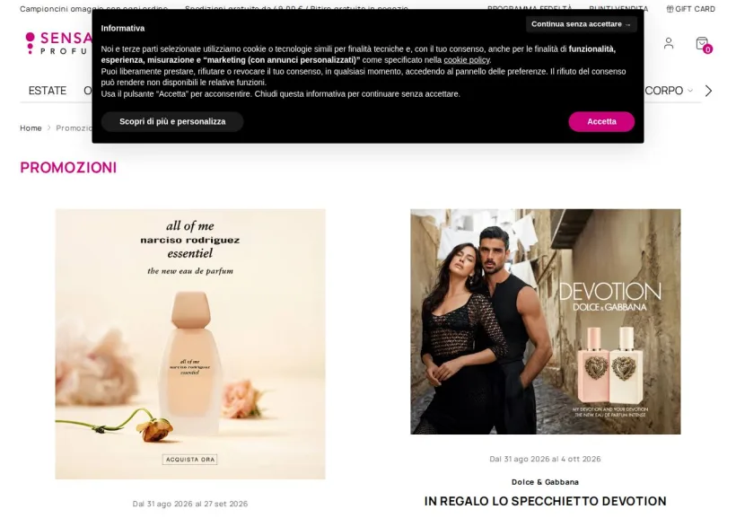 Schermata della pagina offerta di SensationProfumerie