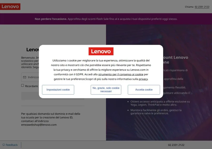 Schermata della pagina offerta di Lenovo