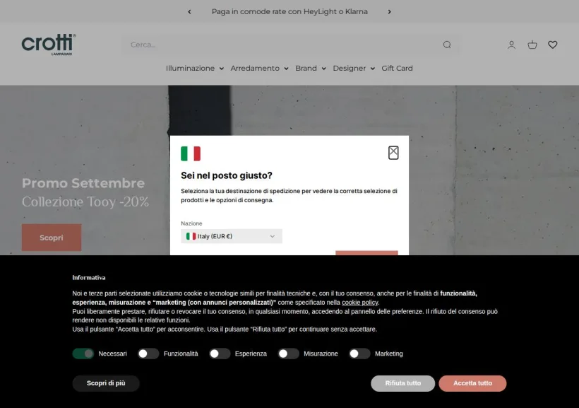 Schermata della pagina offerta di Crotti Lampadari