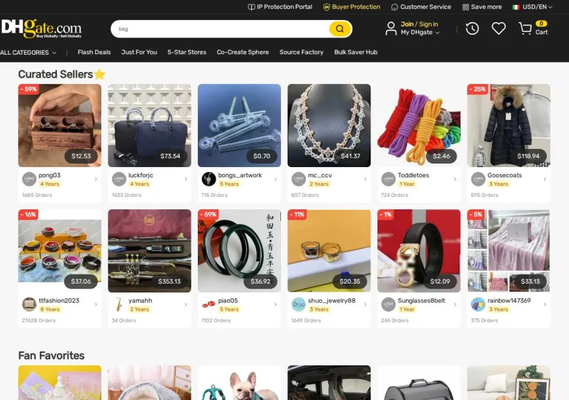 Schermata della pagina offerta di DHgate