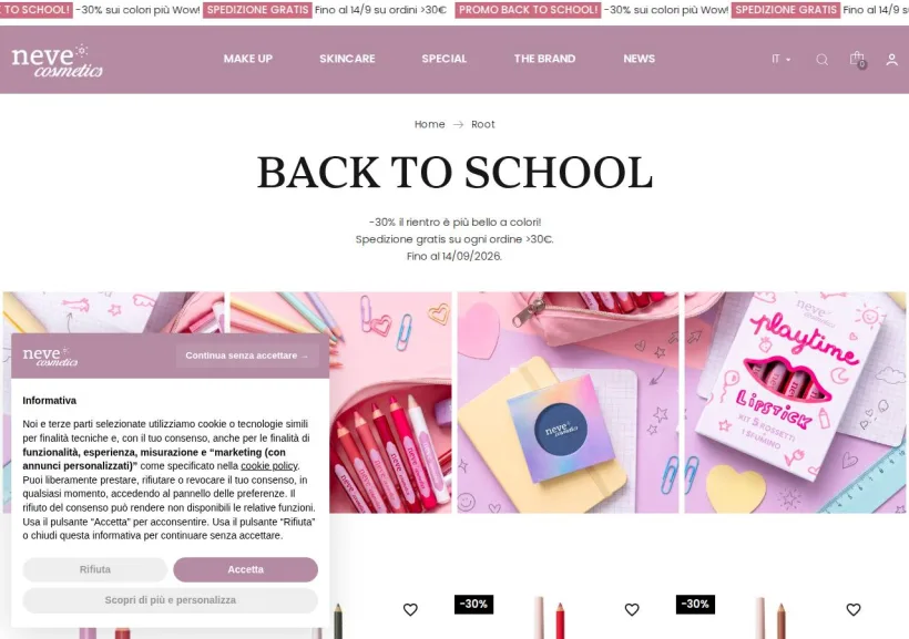 Schermata della pagina offerta di Neve Cosmetics