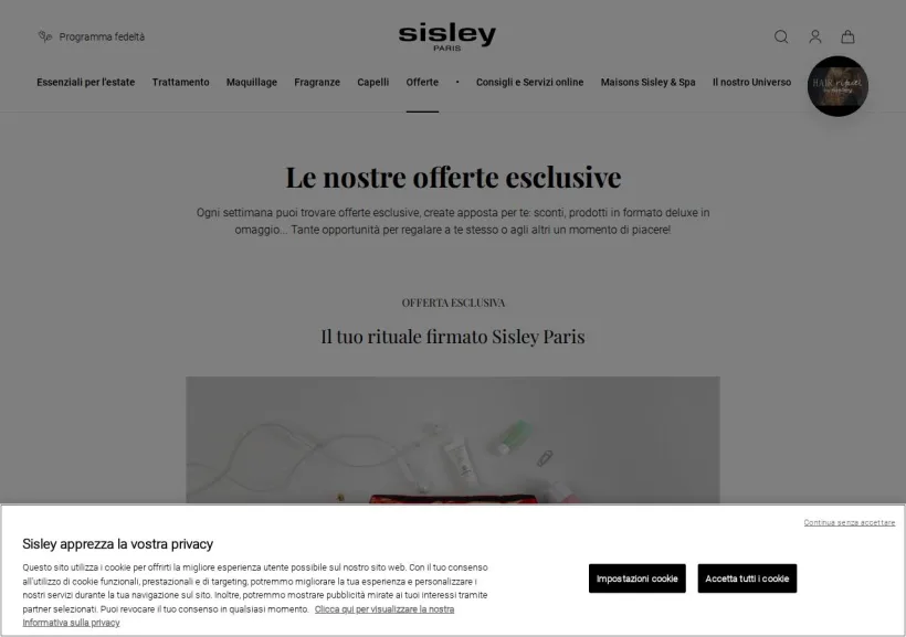 Schermata della pagina offerta di Sisley Paris