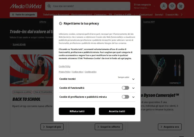 Schermata della pagina offerta di Mediaworld