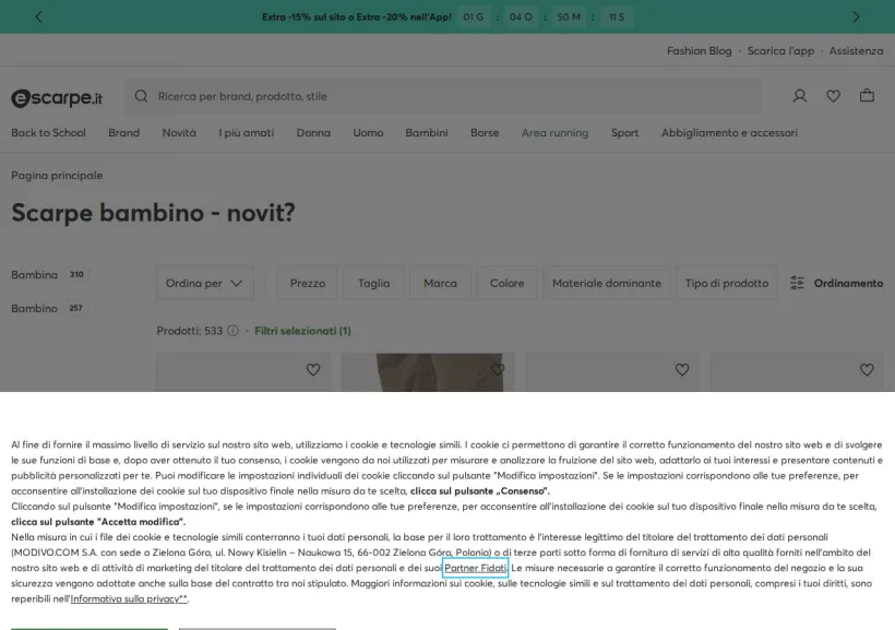 Schermata della pagina offerta di Escarpe.it