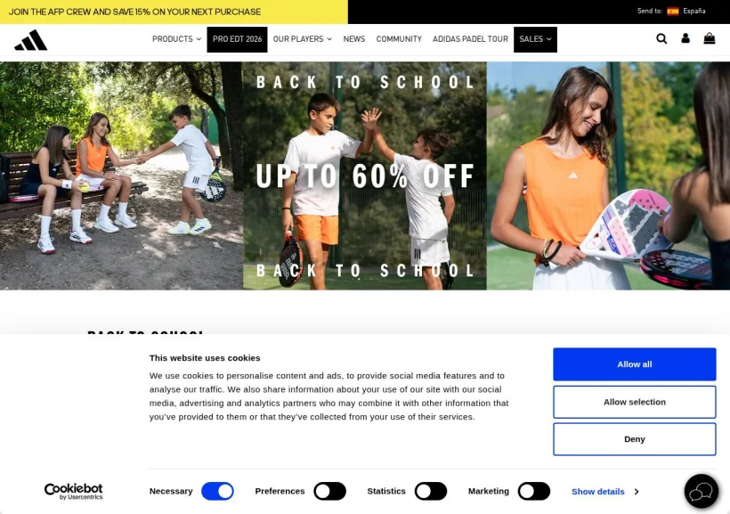 Schermata della pagina offerta di adidas Padel