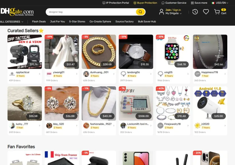 Schermata della pagina offerta di DHgate