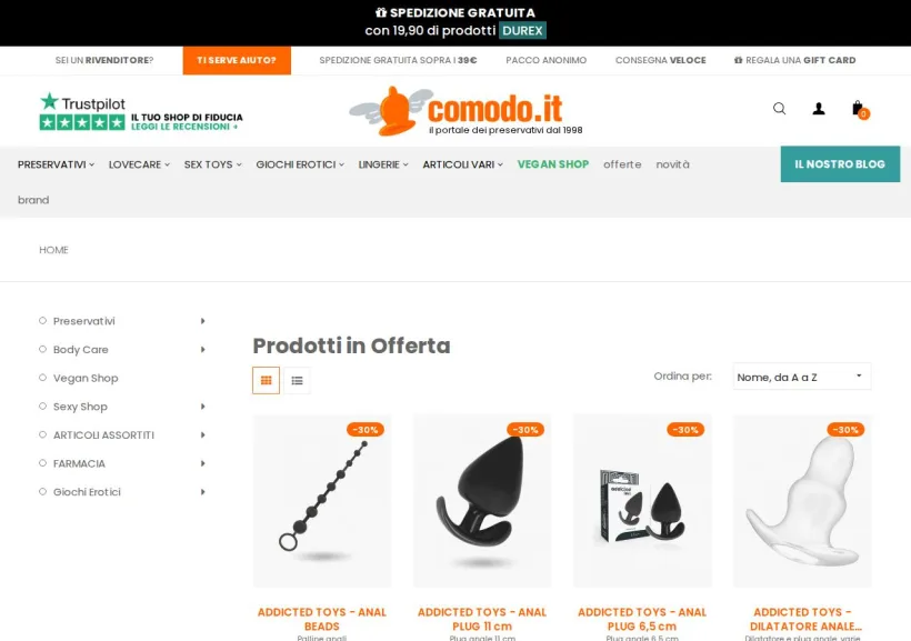 Schermata della pagina offerta di Comodo.it - Il portale dei preservativi