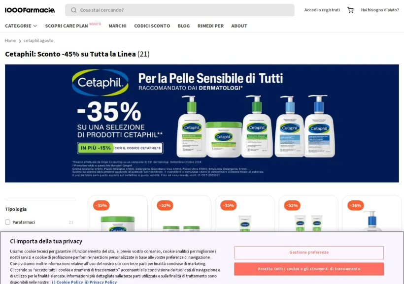 Schermata della pagina offerta di 1000Farmacie