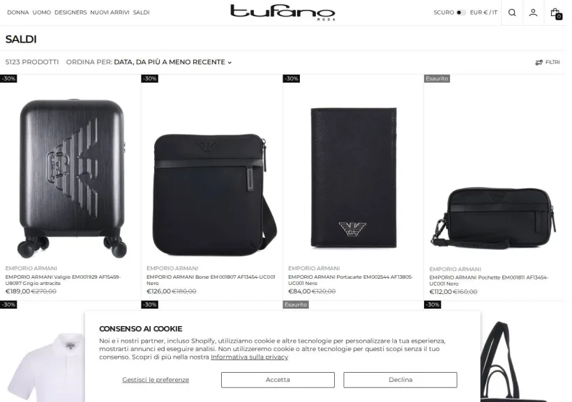 Schermata della pagina offerta di Tufano Moda