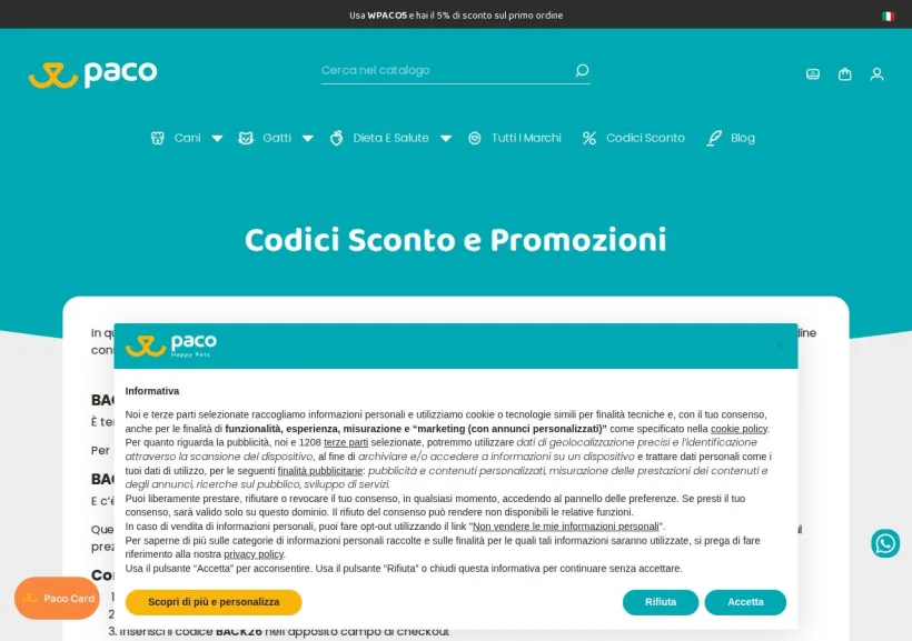 Schermata della pagina offerta di Paco Pet Shop