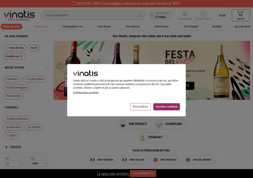 Schermata della pagina offerta di Vinatis