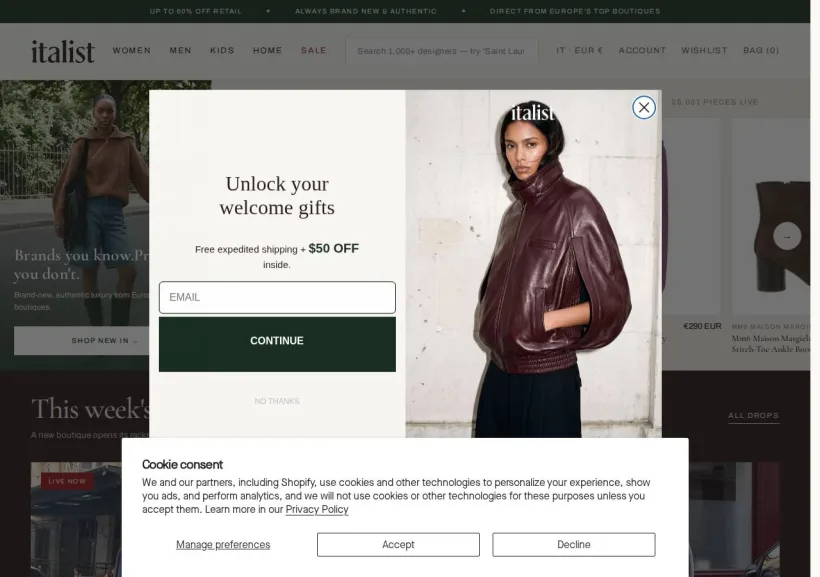 Schermata della pagina offerta di Italist