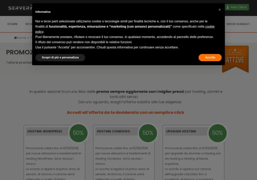 Schermata della pagina offerta di Serverplan