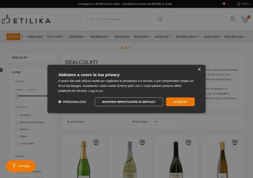 Schermata della pagina offerta di Etilika