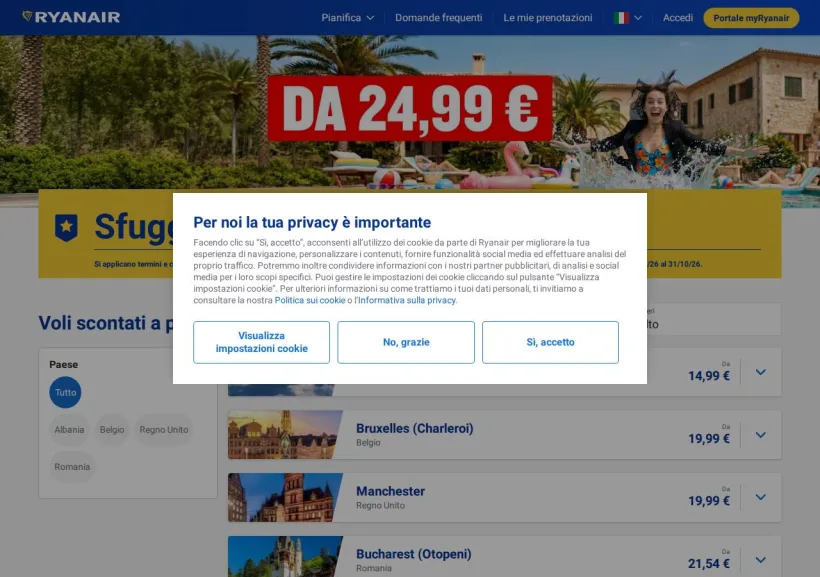 Schermata della pagina offerta di Ryanair