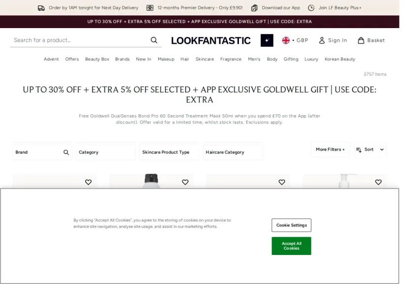 Schermata della pagina offerta di Look Fantastic