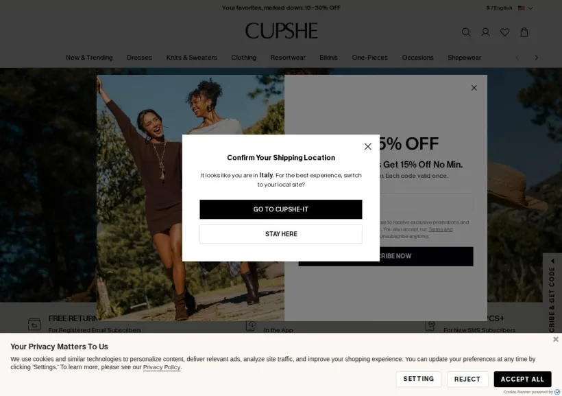 Schermata della pagina offerta di Cupshe