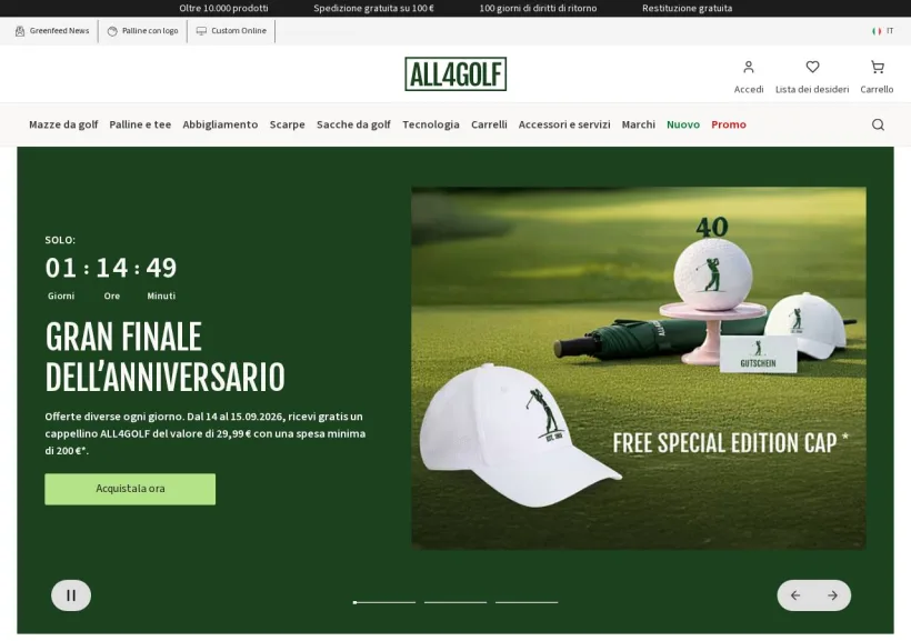 Schermata della pagina offerta di All4Golf