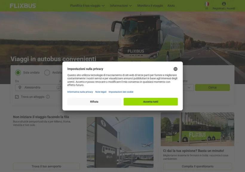 Schermata della pagina offerta di FlixBus