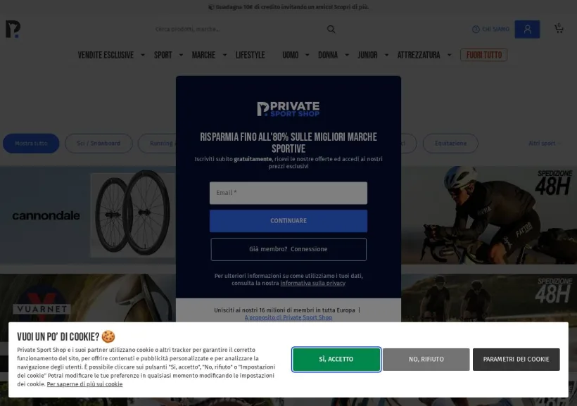 Schermata della pagina offerta di Private Sport Shop