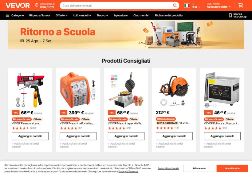 Schermata della pagina offerta di Vevor