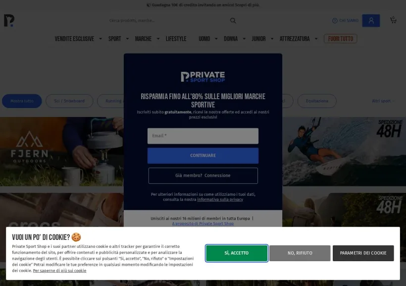Schermata della pagina offerta di Private Sport Shop
