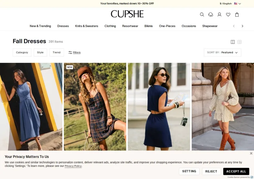 Schermata della pagina offerta di Cupshe