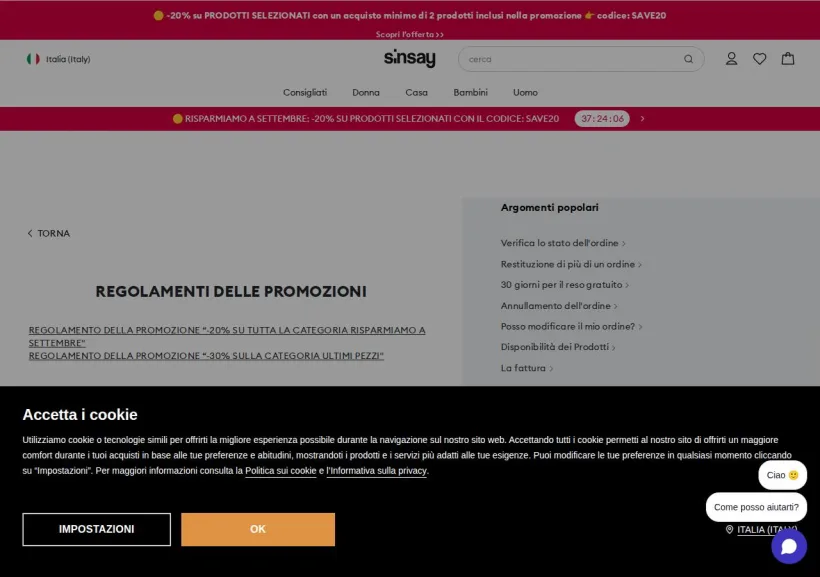 Schermata della pagina offerta di Sinsay