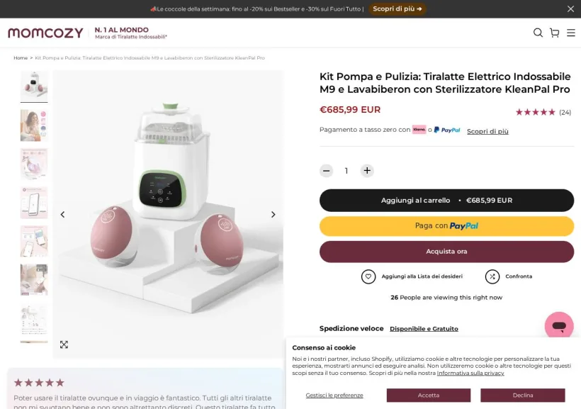 Schermata della pagina offerta di Momcozy