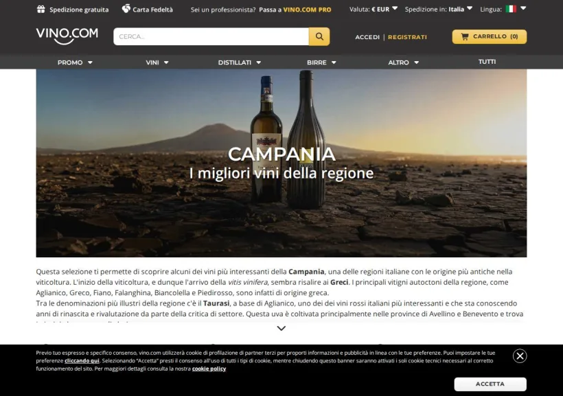 Schermata della pagina offerta di Vino.com