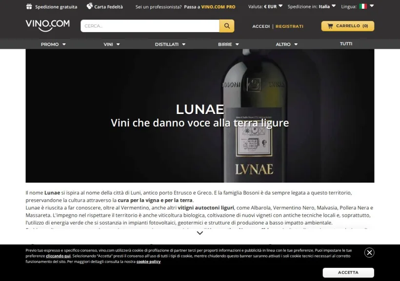 Schermata della pagina offerta di Vino.com