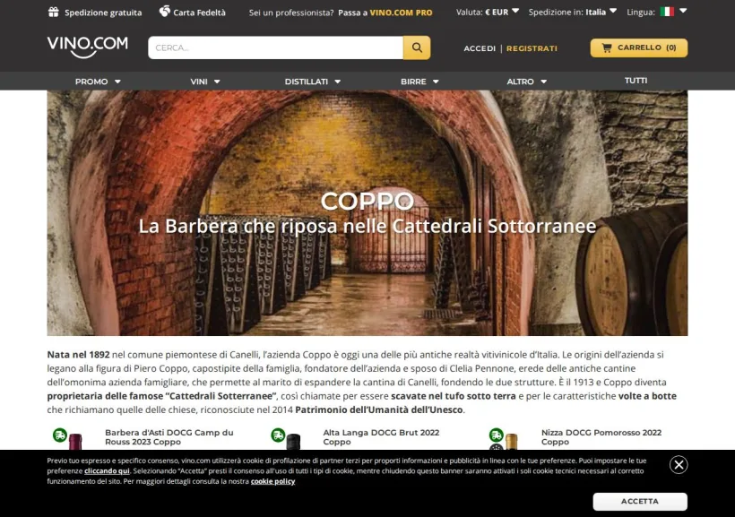 Schermata della pagina offerta di Vino.com