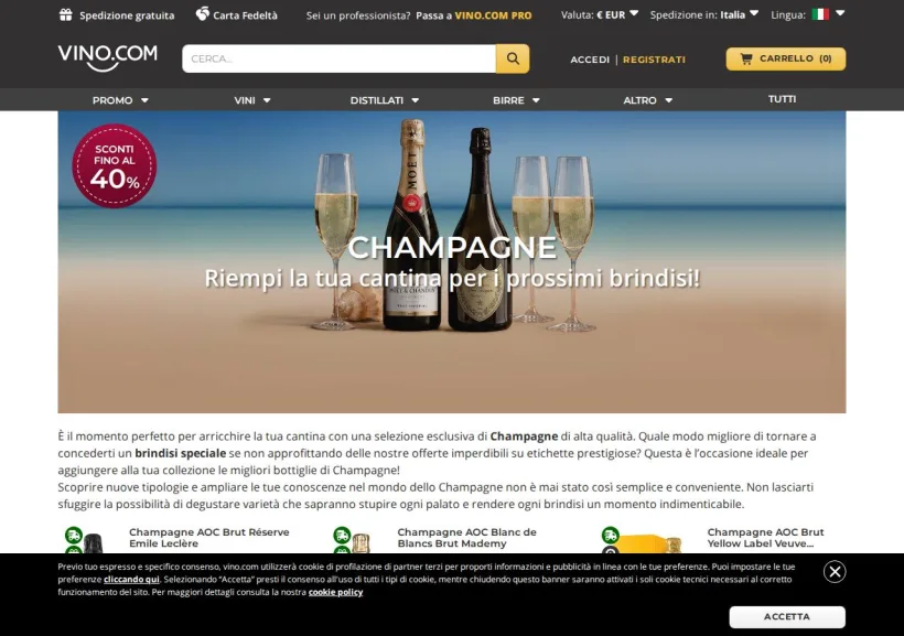 Schermata della pagina offerta di Vino.com