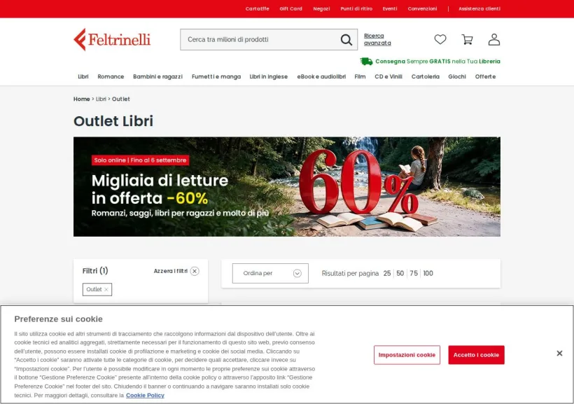 Schermata della pagina offerta di La Feltrinelli