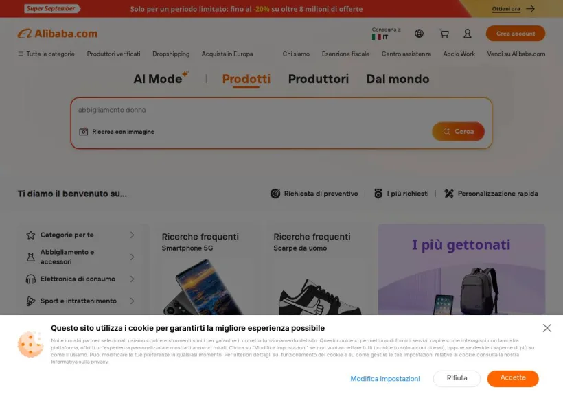 Schermata della pagina offerta di Alibaba