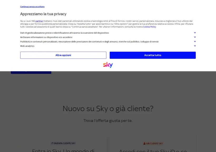 Schermata della pagina offerta di SKY