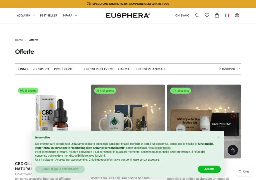 Schermata della pagina offerta di Eusphera