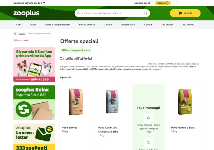 Schermata della pagina offerta di Zooplus