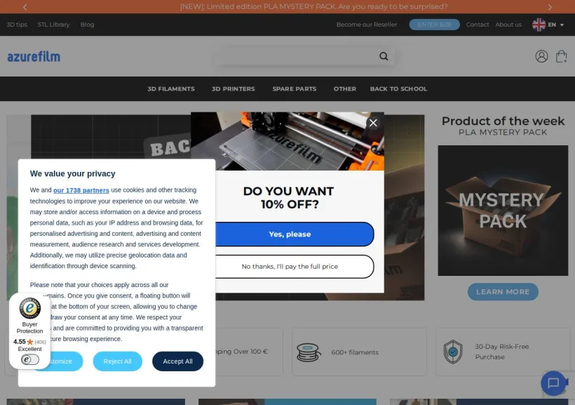Schermata della pagina offerta di AZUREFILM